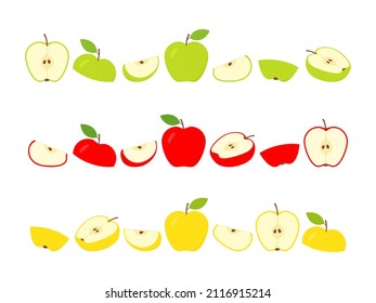 Green, red and yellow apples fresh slices set. Sliced apples big collection. Vector isolated on white.