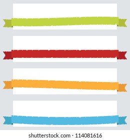 green, red, yellow and blue torn paper ribbon banners on white with copy space