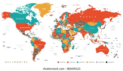 Green Red Yellow Brown World Map - borders, countries and cities - illustration
Image contains next layers:
- land contours
- country and land names
- city names
- water object names  - Shutterstock ID 385690123