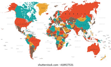 Green Red Yellow Brown World Map - borders, countries and cities - illustration. Highly detailed colored vector illustration of world map.