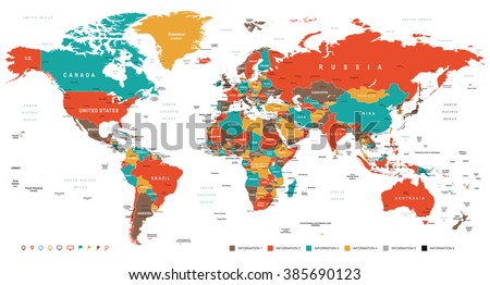 Green Red Yellow Brown World Map - borders, countries and cities - illustration
Image contains next layers:
- land contours
- country and land names
- city names
- water object names 