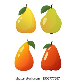 Green, red, yellow cartoon pears isolated on white background. Vector illustration. Cut green pear. Set