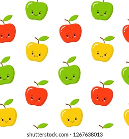 Green, Red, Yellow Cute Apple Seamless Endless Pattern. Red Apple Fruit. Cartoon Style