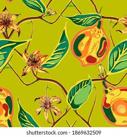 Green, Red and Yellow Modern Hand Drawn Background. Simple Marker Lime. Botanical Illustration. Psychedelic Citron Motif. Lemon Seamless Pattern. Vector Summer Citrus Print.