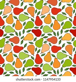 Green, Red, Yellow Pear Seamless Endless Pattern. Red Pear Fruit. Home Brew. Autumn or Fall Vegetable Harvest Collection. Realistic Hand Drawn High Quality Vector Illustration. Doodle Style.
