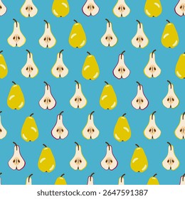Verde, Vermelho e Amarelo Peras e Peras Metades no fundo Azul. Design de padrão contínuo