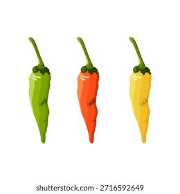 Pimenta verde, vermelha e amarela. Conjunto de três pimentos multicoloridos.