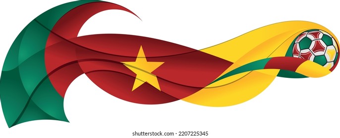 Green, red and yellow soccer ball leaving a wavy trail with the colors of the Cameroonian flag on a white background. Vector image