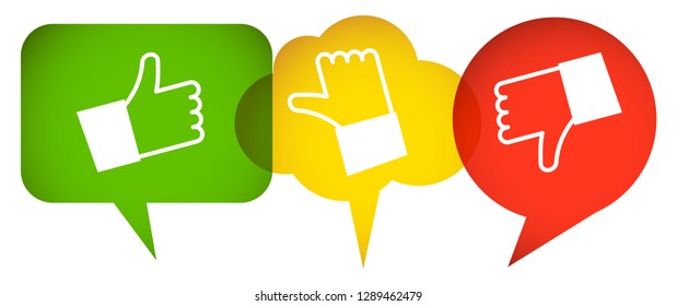 green, red and yellow speech bubbles with thumbs up and down