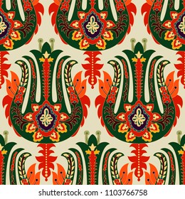 Green, red, yellow vector wallpaper with indian decorative elements. Fashion indian backdrop. Great for fabric, textile, invitations, fabric, wrapping, wallpaper, apparel. Vector Illustration