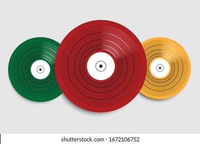 green, red and yellow vinyl record on white background. - musical poster for your design.