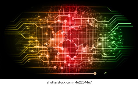 green red yellow world map abstract cyber future technology concept background, illustration, circuit board, vector