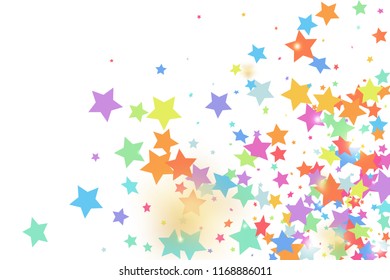 Green, red, yellow,pink star confetti on white background.  Minimalistic fallen particle. Abstract vector colorful confetti. Birthday party backdrop. New Year card template
