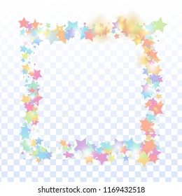 Green, red, yellow,pink star confetti on transparent background.  Flying shiny sparkle shower. Abstract vector colorful confetti. Sparkle bright decoration backdrop. Christmas card template