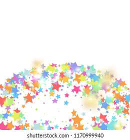 Green, red, yellow,pink star confetti on white background.  Minimalistic fallen particle. Abstract vector colorful confetti. Sparkle bright decoration backdrop. New Year card template