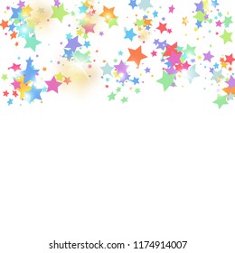 Green, red, yellow,pink star confetti on white background.  Minimalistic fallen particle. Abstract vector colorful confetti. Sparkle bright decoration backdrop. New Year card template
