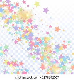 Green, red, yellow,pink star confetti on transparent background.  Minimalistic fallen particle. Abstract vector colorful confetti. Birthday party backdrop. Surprise card template