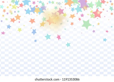 Green, red, yellow,pink star confetti on transparent background.  Flying shiny sparkle shower. Holiday vector colorful confetti. Birthday party backdrop. New Year card template
