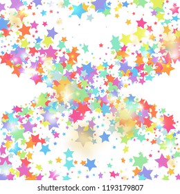 Green, red, yellow,pink star confetti on white background.  Flying shiny sparkle shower. Holiday vector colorful confetti. Sparkle bright decoration backdrop. Christmas card template