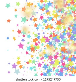 Green, red, yellow,pink star confetti on white background.  Minimalistic fallen particle. Holiday vector colorful confetti. Sparkle bright decoration backdrop. Christmas card template