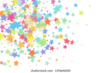 Green, red, yellow,pink star confetti on white background.  Flying shiny sparkle shower. Holiday vector colorful confetti. Birthday party backdrop. New Year card template