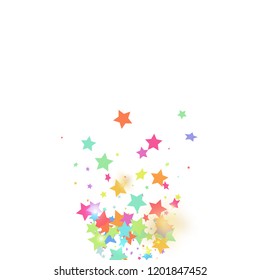 Green, red, yellow,pink star confetti on white background.  Flying shiny sparkle particles. Abstract vector colorful confetti. Sparkle bright decoration backdrop. New Year card template