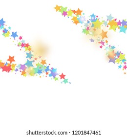 Green, red, yellow,pink star confetti on white background.  Flying shiny sparkle shower. Abstract vector colorful confetti. Birthday party backdrop. Surprise card template