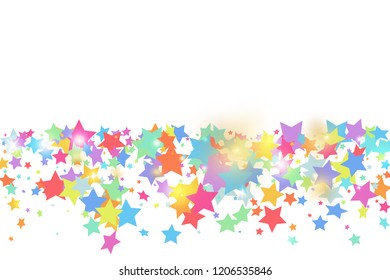 Green, red, yellow,pink star confetti on white background.  Flying shiny sparkle particles. Holiday vector colorful confetti. Birthday party backdrop. Christmas card template
