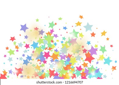 Green, red, yellow,pink star confetti on white background.  Minimalistic fallen particle. Holiday vector colorful confetti. Sparkle bright decoration backdrop. New Year card template
