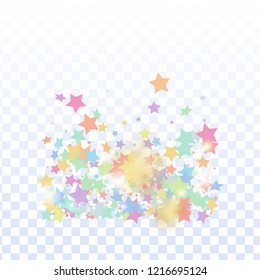 Green, red, yellow,pink star confetti on transparent background.  Minimalistic fallen particle. Abstract vector colorful confetti. Sparkle bright decoration backdrop. New Year card template
