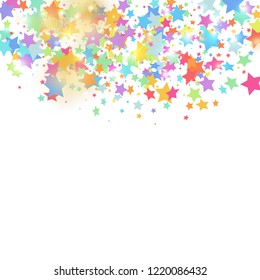 Green, red, yellow,pink star confetti on white background.  Flying shiny sparkle shower. Holiday vector colorful confetti. Sparkle bright decoration backdrop. New Year card template