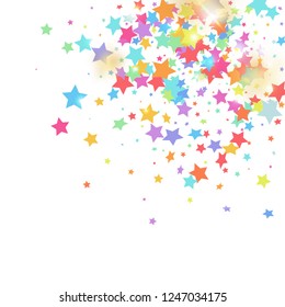 Green, red, yellow,pink star confetti on white background.  Minimalistic fallen particle. Holiday vector colorful confetti. Birthday party backdrop. Surprise card template