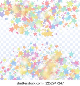 Green, red, yellow,pink star confetti on transparent background.  Minimalistic fallen particle. Holiday vector colorful confetti. Sparkle bright decoration backdrop. Christmas card template
