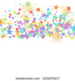 Green, red, yellow,pink star confetti on white background.  Flying shiny sparkle shower. Holiday vector colorful confetti. Sparkle bright decoration backdrop. Christmas card template
