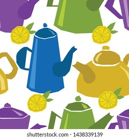 green, red, yelow, blue, violet teapots. cute multicolor dishes. drawn teapot and cup collection. Colorful tea cups, coffee cups and teapots isolated on white background.Vintage english breakfast