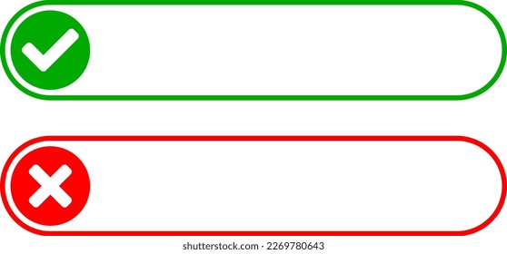 Grün und Rot Ja und Nein oder Rechte und Falsch oder Genehmigte und deklarierte Quiz-Frage-Antwort oder Auswahlsymbol Set mit Markierung und X Zeichen. Vektorbild.