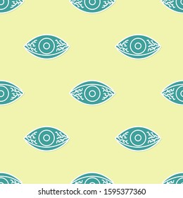 Green Reddish eye due to viral, bacterial or allergic conjunctivitis icon isolated seamless pattern on yellow background.  Vector Illustration