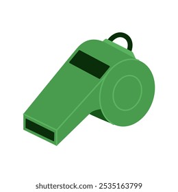 Silbato de árbitro verde. Soplando y herramienta de alerta. Equipamiento de entrenador deportivo. Ilustración plana de Vector aislada sobre fondo blanco