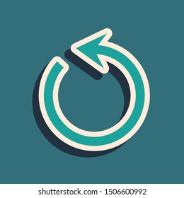 Green Refresh icon isolated on blue background. Reload symbol. Rotation arrow in a circle sign. Long shadow style. Vector Illustration
