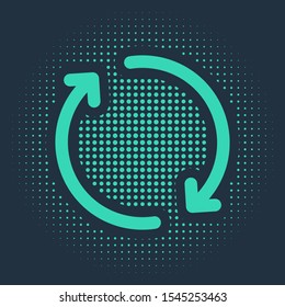 Green Refresh icon isolated on blue background. Reload symbol. Rotation arrows in a circle sign. Abstract circle random dots. Vector Illustration