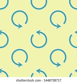 Green Refresh icon isolated seamless pattern on yellow background. Reload symbol. Rotation arrow in a circle sign.  Vector Illustration