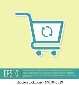 Green Refresh shopping cart icon isolated on yellow background. Online buying concept. Delivery service sign. Update supermarket basket symbol. Vector Illustration