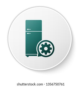 Green Refrigerator and gear icon isolated on white background. Adjusting app, service concept, setting options, maintenance, repair, fixing. White circle button. Vector Illustration