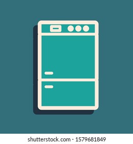 Green Refrigerator icon isolated on blue background. Fridge freezer refrigerator. Household tech and appliances. Long shadow style. Vector Illustration