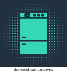Green Refrigerator icon isolated on blue background. Fridge freezer refrigerator. Household tech and appliances. Abstract circle random dots. Vector Illustration