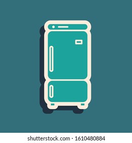 Green Refrigerator icon isolated on blue background. Fridge freezer refrigerator. Household tech and appliances. Long shadow style. Vector Illustration