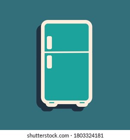 Green Refrigerator icon isolated on green background. Fridge freezer refrigerator. Household tech and appliances. Long shadow style. Vector.