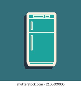 Green Refrigerator icon isolated on green background. Fridge freezer refrigerator. Household tech and appliances. Long shadow style. Vector Illustration