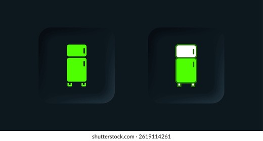 Green Refrigerator icon isolated on black background. Fridge freezer refrigerator. Household tech and appliances. Black square button. Vector