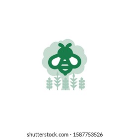 Green Regenerative Vector Ecology Icon. Biodiversity Icon with Insects, Tree, Crops.